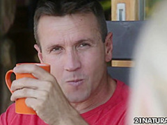 Macy nata seduces and jerks him off on her tits