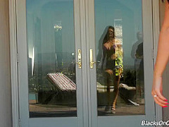 Gorgeous brunette with big boobs, Jasmine Jae is having sex with two black guys, in her gym