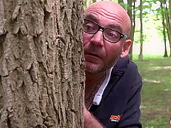 Bald guy is fucking his neighbors slutty girlfriend in the nature, while no one is watching them