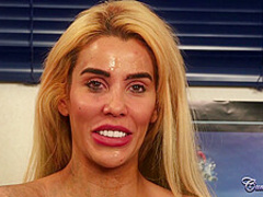 Tattooed blonde, Alice Judge sucks dick and gets cum on face, during a porn video casting