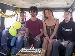 Small titted brunette, Julia Roca is getting fucked hard, in the back of a van