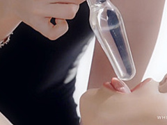 Hot brunettes in erotic lingerie and stockings are getting fucked hard on the working desk