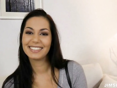 Brunette babe in hotpants showing off her fine ass