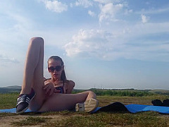 Two lesbian babes have fun together outdoors