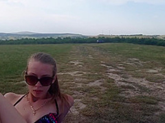 Two lesbian babes have fun together outdoors