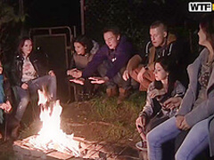 Two guys are fucking a slutty college girl at the same time, during a private party