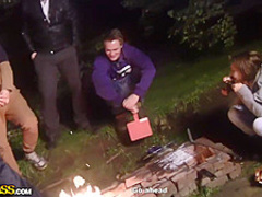 Two guys are fucking a slutty college girl at the same time, during a private party