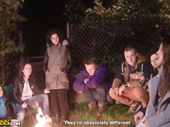 Two guys are fucking a slutty college girl at the same time, during a private party