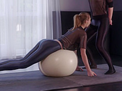 Two lesbians in spandex and a strap-on dildo