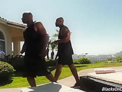 Big titted brunette, Jasmine is sucking two black dicks and getting fucked harder than ever before