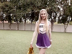 Slutty, blonde cheerleader is spreading her legs wide open and getting her daily dose of fuck