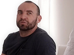 Lovely, ebony babe with curly hair and glasses is having wild sex with a white guy