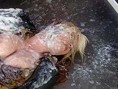 Mature Blonde Woman In Black Pantyhose Is Masturbating While At Work And Sucking A Fake Dick