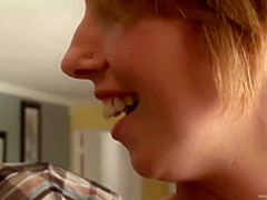 Short Haired Blonde With A Tattoo On Her Back Is Sucking Her Neighbors Dick Like A Pro